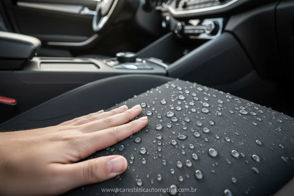 Impermeabilização de Estofados VCAR Estofado de carro impermeabilizado, repelindo água, serviço VCAR.