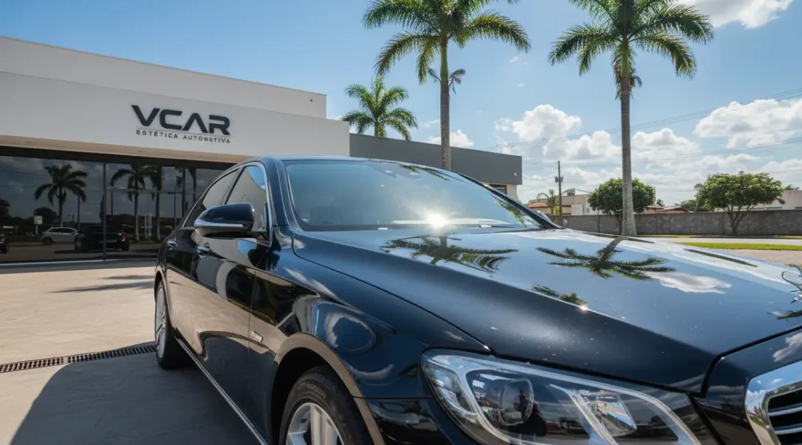 Carro preto super limpo e brilhante em frente à VCAR Estética Automotiva em Palmas, Tocantins.