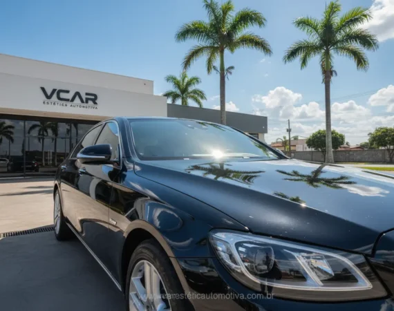 Carro preto super limpo e brilhante em frente à VCAR Estética Automotiva em Palmas, Tocantins.