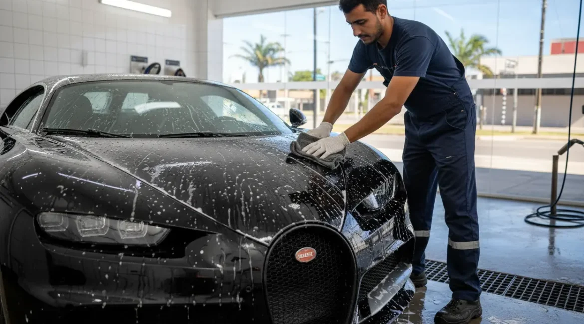 Carro preto sendo lavado em um Lava Jato em Palmas TO na VCAR.