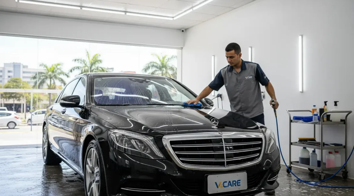 Carro preto brilhante sendo lavado por profissional em lava jato VCAR em Palmas TO.
