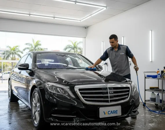 Carro preto brilhante sendo lavado por profissional em lava jato VCAR em Palmas TO.