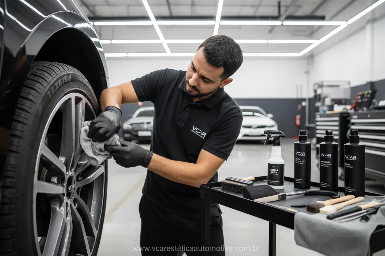 Técnico da VCAR Estética Automotiva realizando lavagem a seco em roda de carro em Palmas.