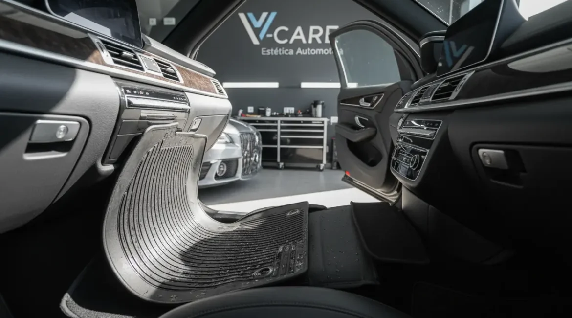 Tapete de carro limpo e seco na VCAR Estética Automotiva