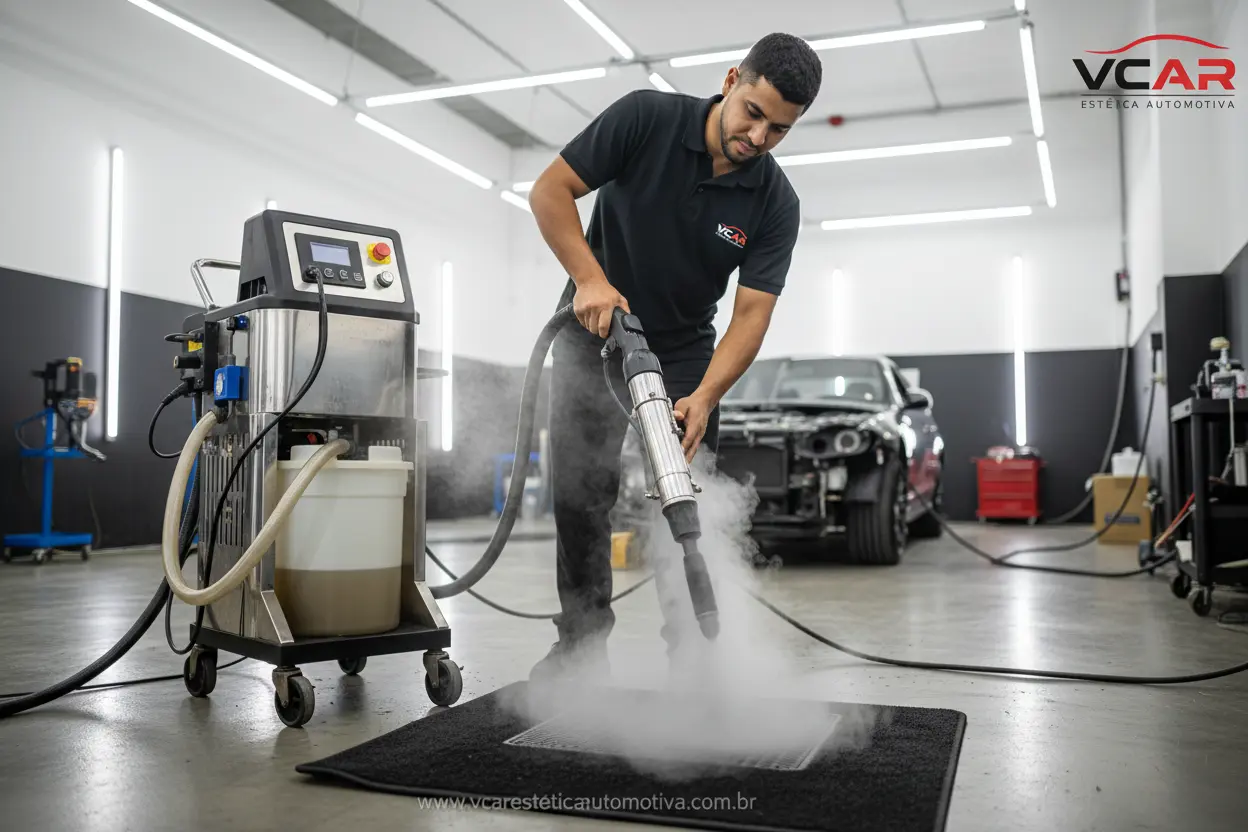 Técnico usando extratora para limpar tapete de carro na VCAR