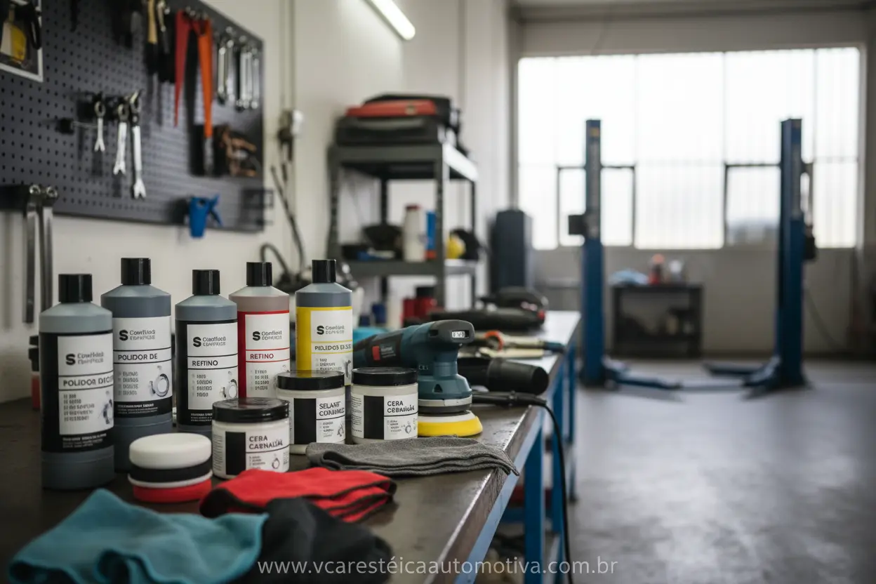Produtos para polimento e proteção de pintura em oficina.