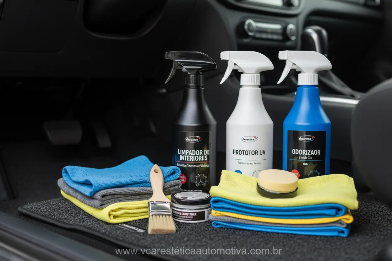 Produtos utilizados na lavagem interna detalhada.